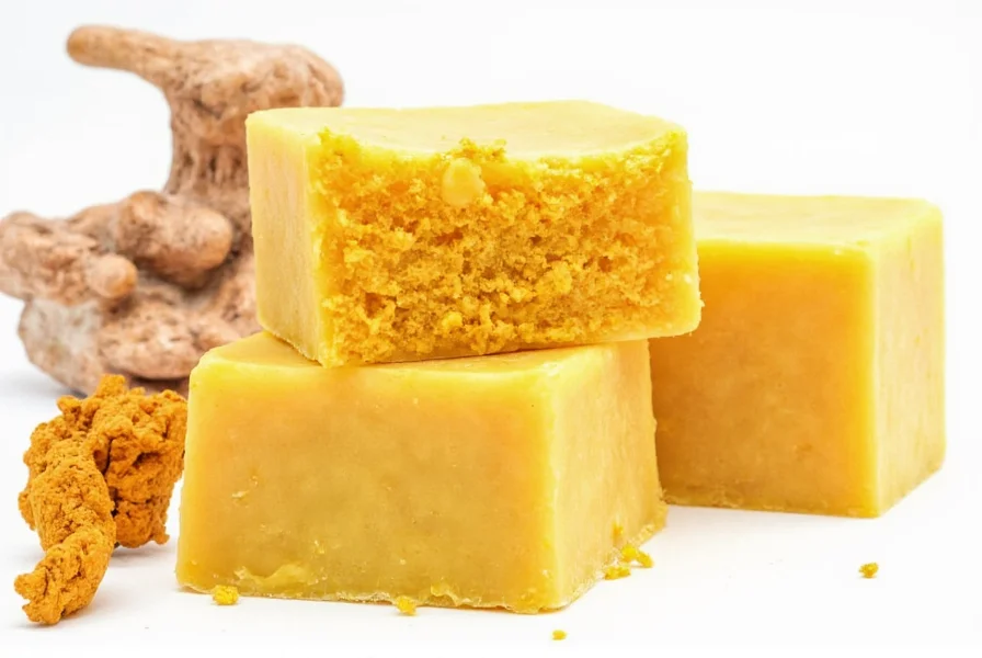 Natural turmeric soap bar on wooden surface with turmeric root