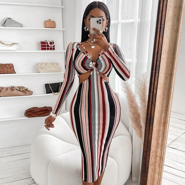 

2022 Bohemia stylish cutout long sleeve strip printed women bodycon skinny midi causal dress