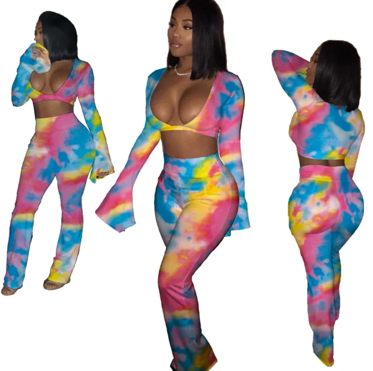 

Two piece printed long flared sleeve pants tight-fitting two-piece yoga set