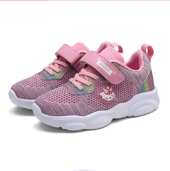 

2021 spring new girls mesh fabric sneakers cat pattern bear sole non-slip breathable European and American wholesale, Pink,purple