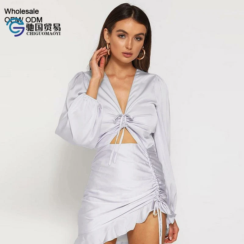 

New design women clothing 2020 long sleeve v neck pleat irregular chic office lady mini dresses, Customized color
