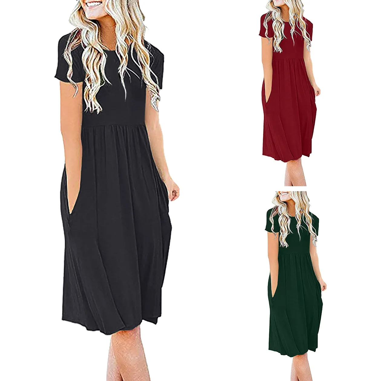 

2021 Amazon Europe and America loose big round neck short sleeve dress summer