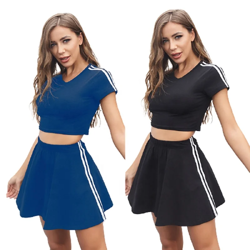 

2021 Summer Side Striped Crop Top Pleated Skirt Two Piece Set