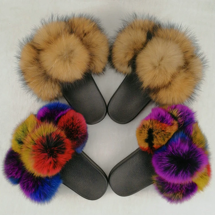 

New design big raccoon fur ball indoor fur slides women cute fluffy pompom real fox fur slippers for women