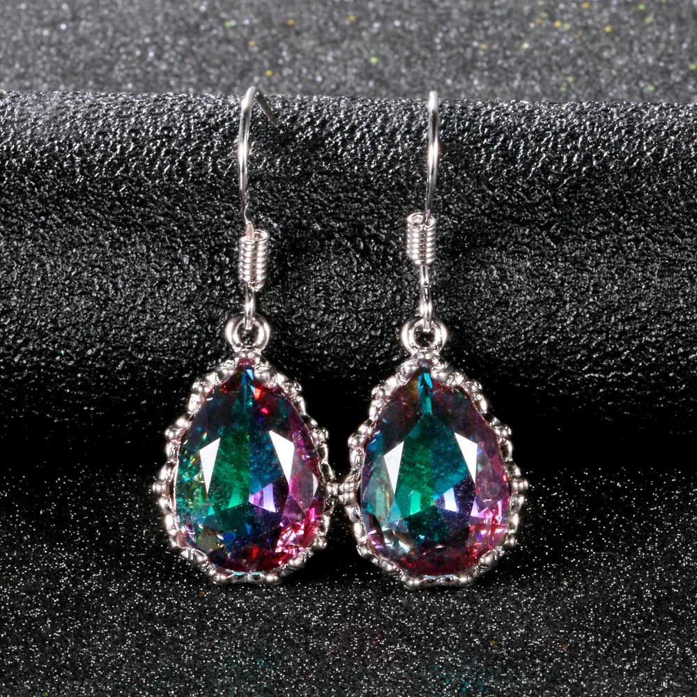 

CAOSHI Beautiful Water Drop Gemstone Crystal Clear Dangle Earrings Girls Women Delicate Silver Big Pear Colorful Zircon Earrings