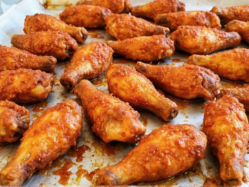 Coated chicken wings on baking sheet with homemade sauce