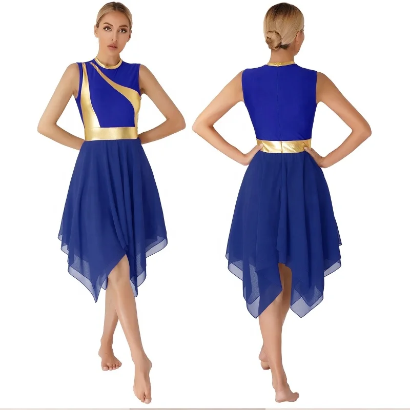 

Popular Womens Color Block Patchwork Dresses Sleeveless Zipper Back Irregular Hem Modern Lyrical Dance Costume Dance Dress