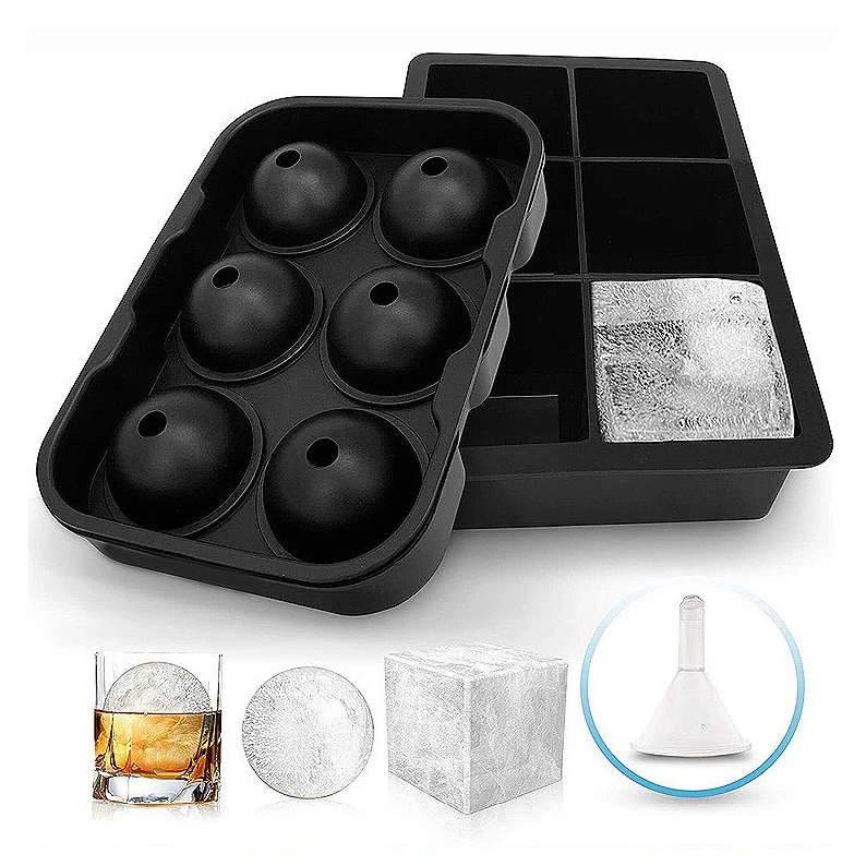 

6 Cavity BPA Free Reusable Whisky Large Silicone Square Shape Ice Cube Chocolate Tray Ball Sphere Ice Mold Set, Black