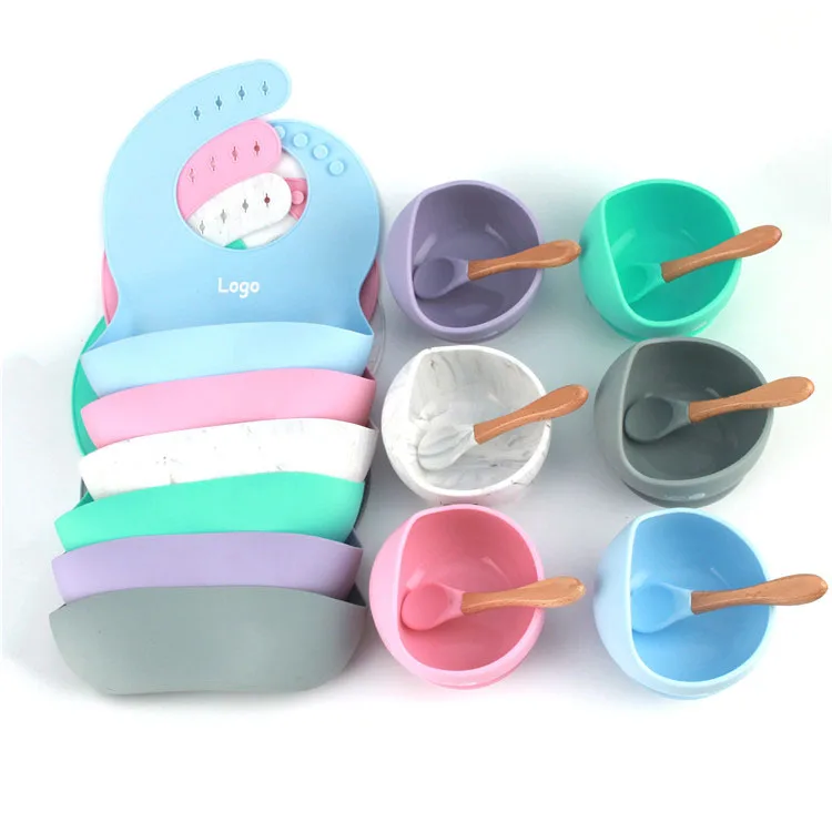 

Waterproof Baby Bibs and Bowl Spoon Set for Feeding Kids Silicone Bibs with Baby Suction Bowls, Pink , blue, green, purple, grey,marble,customized