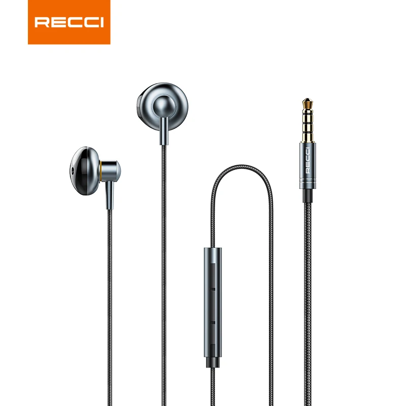 

Recci High quality stereo sound 3.5MM In-ear metal housing headsets HD call volume control wired earphone with microphone