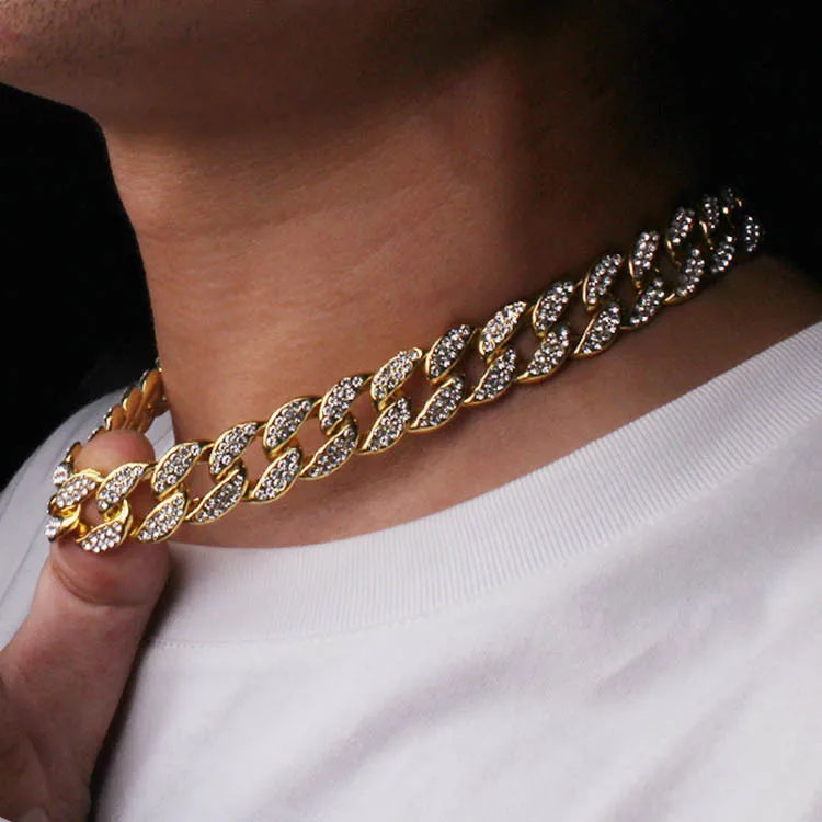 

High Quality custom Gold Plating Cuban Chain Necklace Iced Out Rhinestone Necklace Thick Miami Cuban Link Chain Hip Hop Necklace, Gold, silver, rose gold or customized