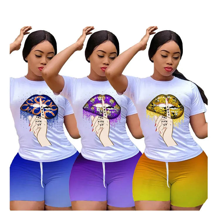 

2021 Summer Women'S Fashion Lip Blouse Short Shorts Two-Piece Suit