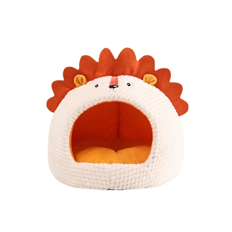 

Best Dog Crates 2021 Warm Plush Enclosed Cat Cave Bed Cartoon Lion Removable Small Puppy Crate