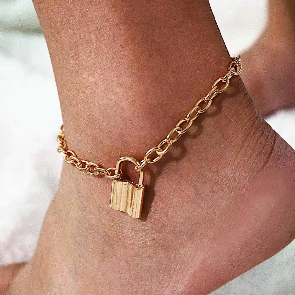 

Fashion Simple Design Golden Silver Chain Anklets Beach Jewelry Lock Shaped Pendant Anklet For Women, Picture