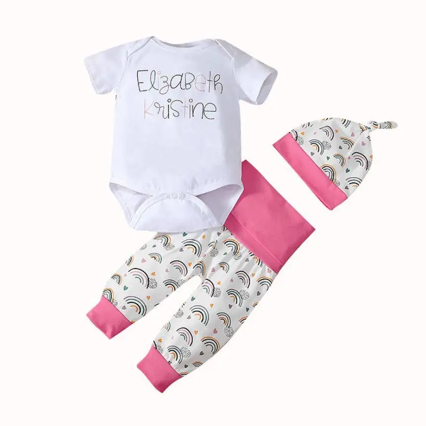 

Letter printed baby rompers, long pants and hats infants girls' and boys' clothing sets
