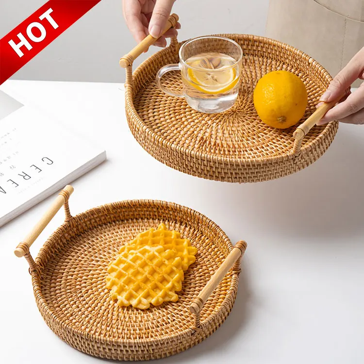 

Direct Supplier Kitchen Bread Fruit Hand Storage Round Serving Woven Rattan Tray For Food