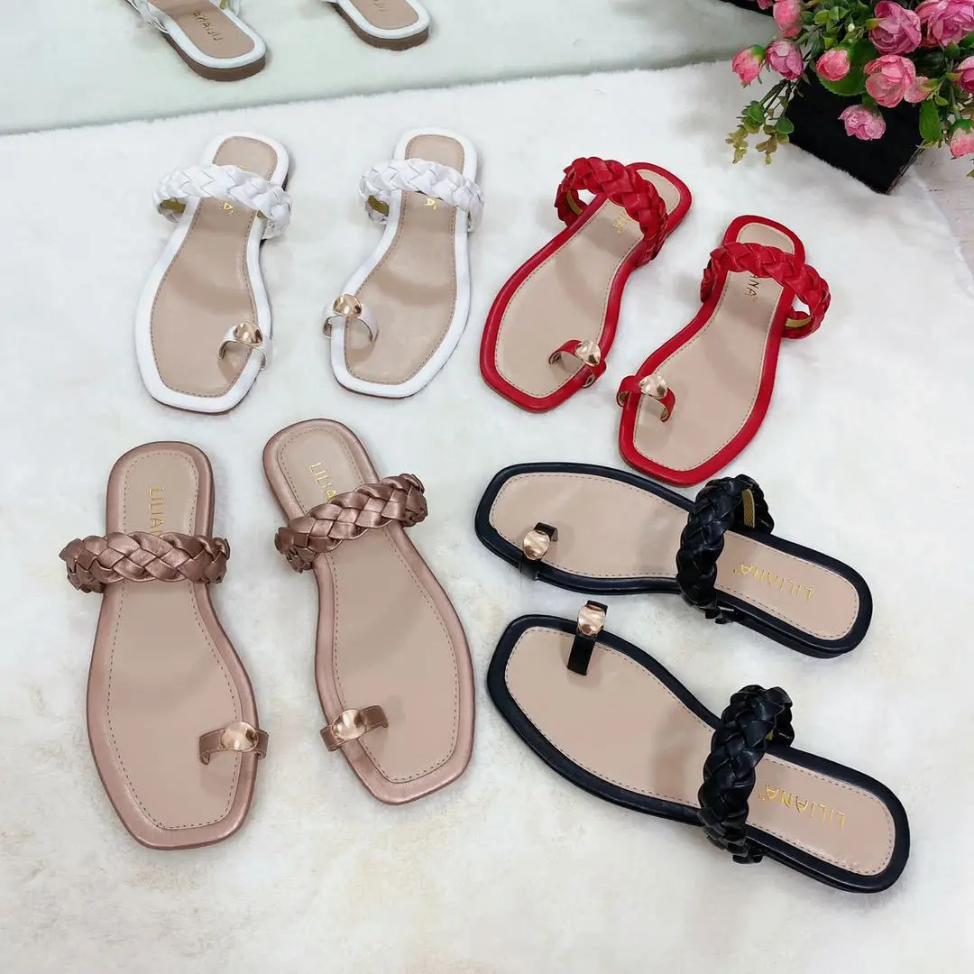 

2021 Cheap Wholesale Luxury Summer Braided Flat Sandals for Women and Ladies Fashion Designer Leather Beach Shoes Women Sandals, 4 colors