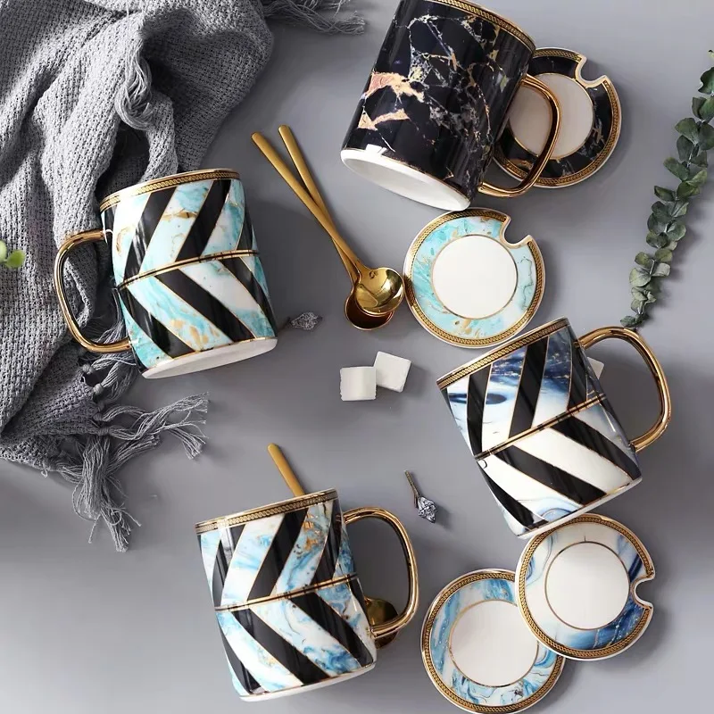 

350ml Luxurious Marble Ceramic Tea Coffee Mug with Lid and Gold Spoon Office Drinking Mugs Gift Cup