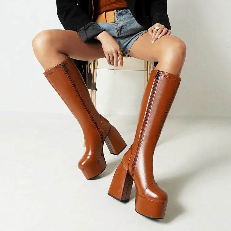 

Solid Black Brown Color Ladies Winter Knee High Boots Round Toe High Platform Boots Side Zipper Thick High Heeled Women Shoes, Black,brown,apricot