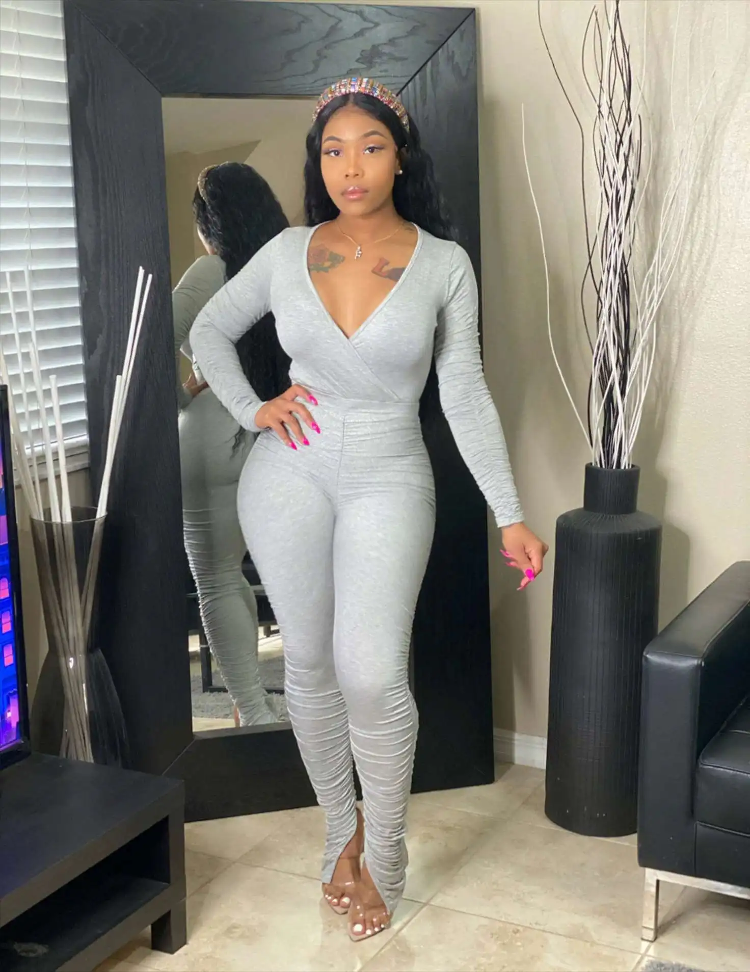 

Clothing shopping plus size fall autumn two piece v neck stacked 2 piece set women