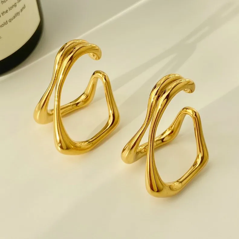 Hot selling earrings jewelry stainless steel plated 18K gold hollow exaggerated irregular hanging ear clip