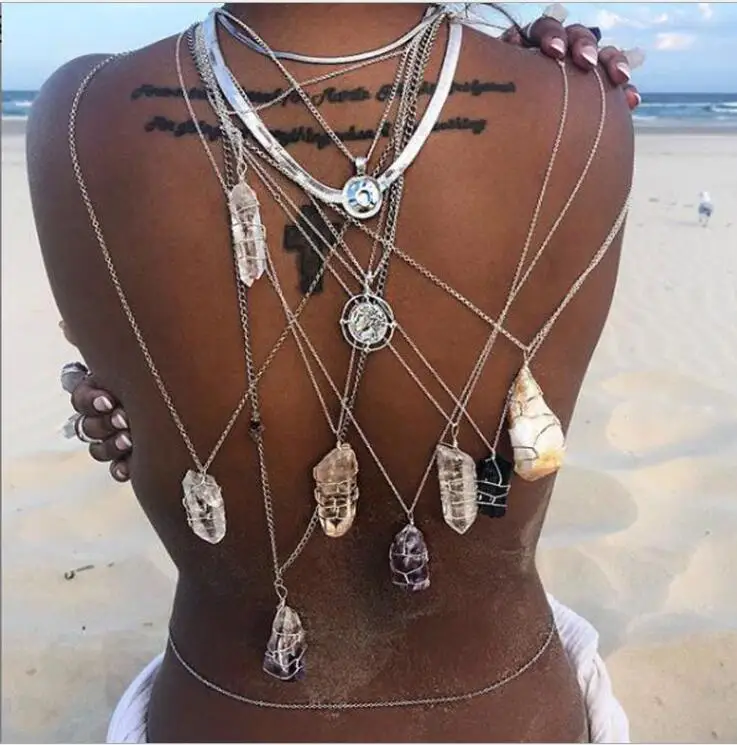

2020 Fashion Colorful Natural stone Crystal diamond Pendants Gold long Chains choker Necklace For Women girls Jewelry