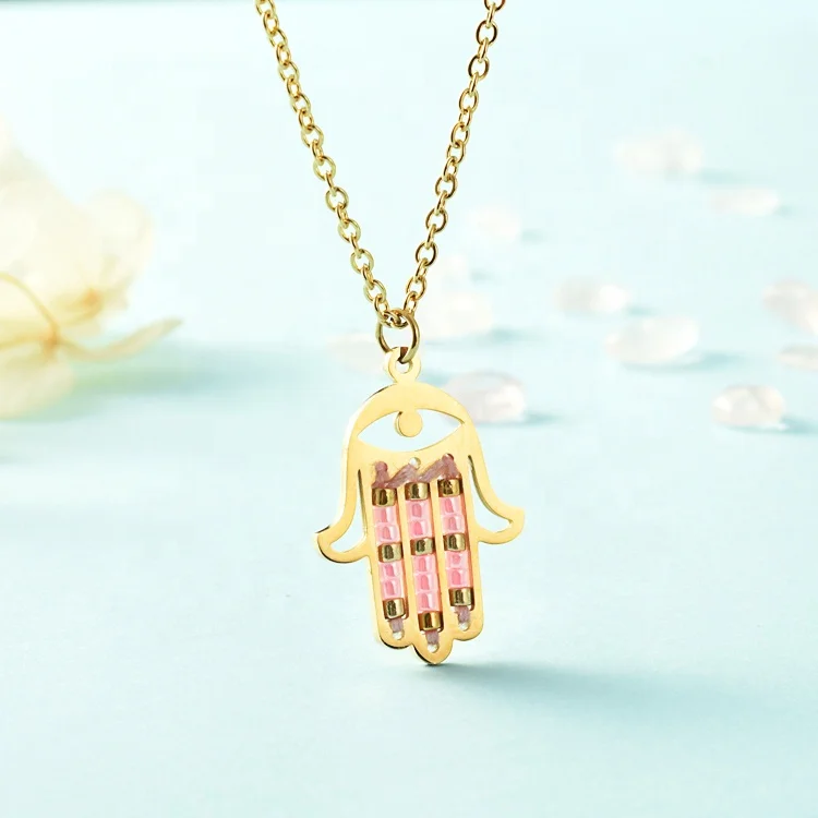 

Modalen Personalized Stainless Steel Colorful Seed Bead Hamsa 18K Gold Charm Necklace