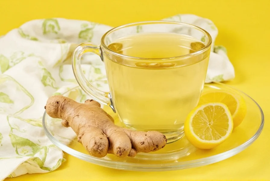 Freshly prepared lemon ginger tea in a ceramic mug with lemon slice and ginger root