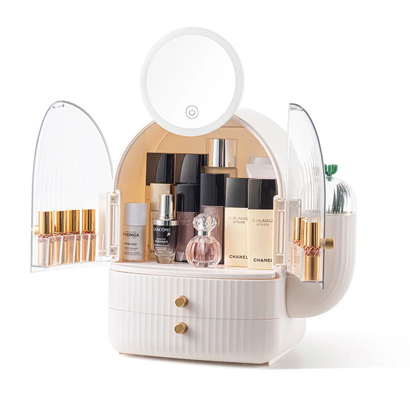 

Plastic Novelty Cactus shape LED cosmetic box with mirror for skin care products and cosmetics storage
