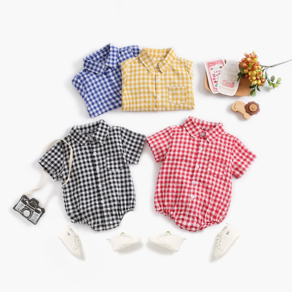 

2020 plaid jumpsuit crawl turn down collar summer pocket cotton short sleeved shirt kids baby romper for hot style, As pic shows, we can according to your request also