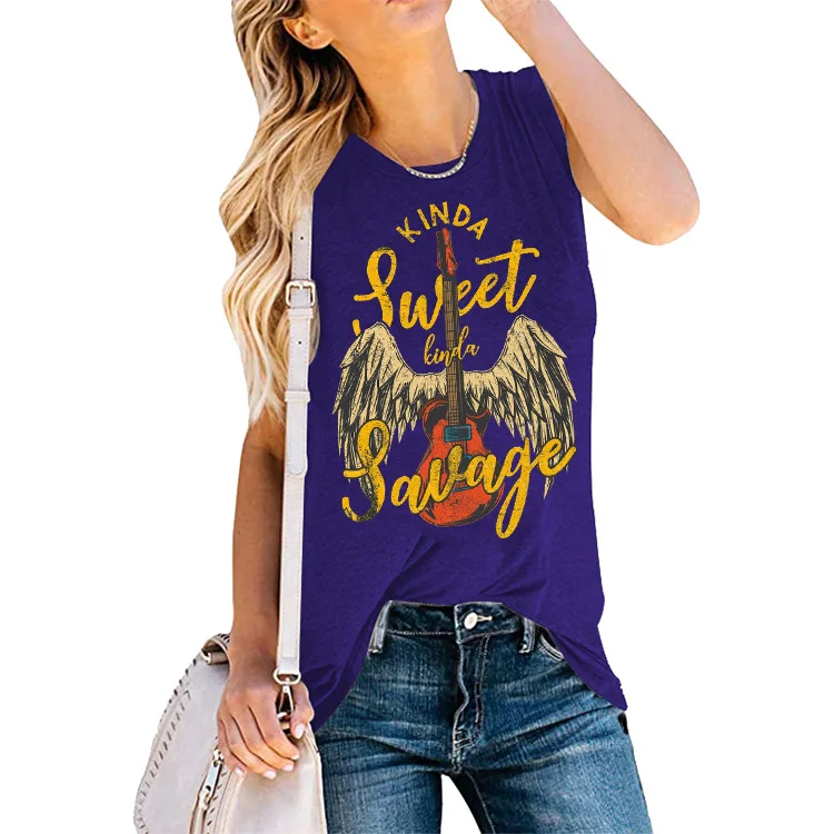 

Women's Tank Tops Graphic Tees Kinda Sweet Savage Print Loose Fit Sleeveless Crew Neck T Shirts Tops