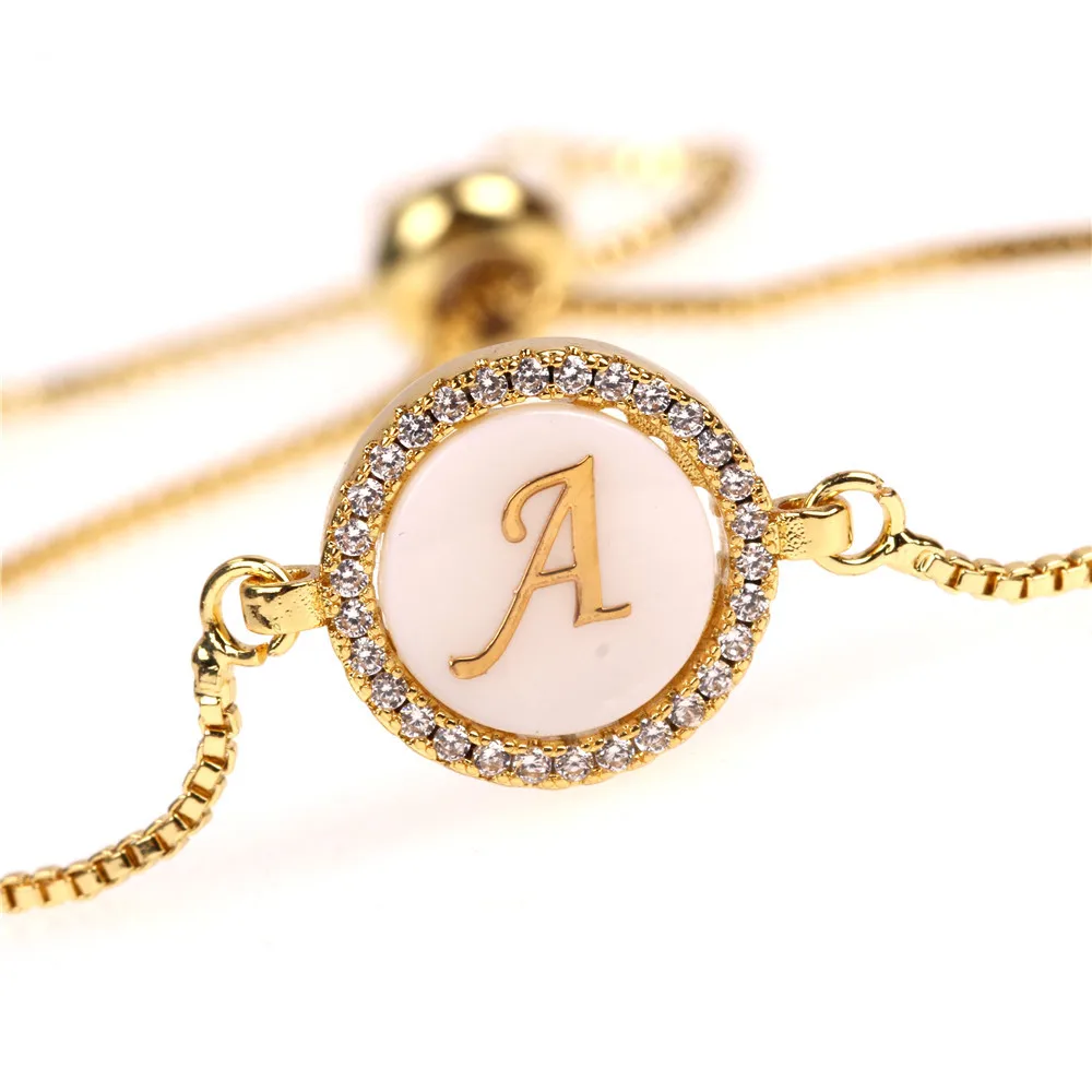 

Fashion Jewelry Slider Chain Round Shell Alphabet Signet Bracelet 26 Initial Letter Slider Charm Bracelets for Women
