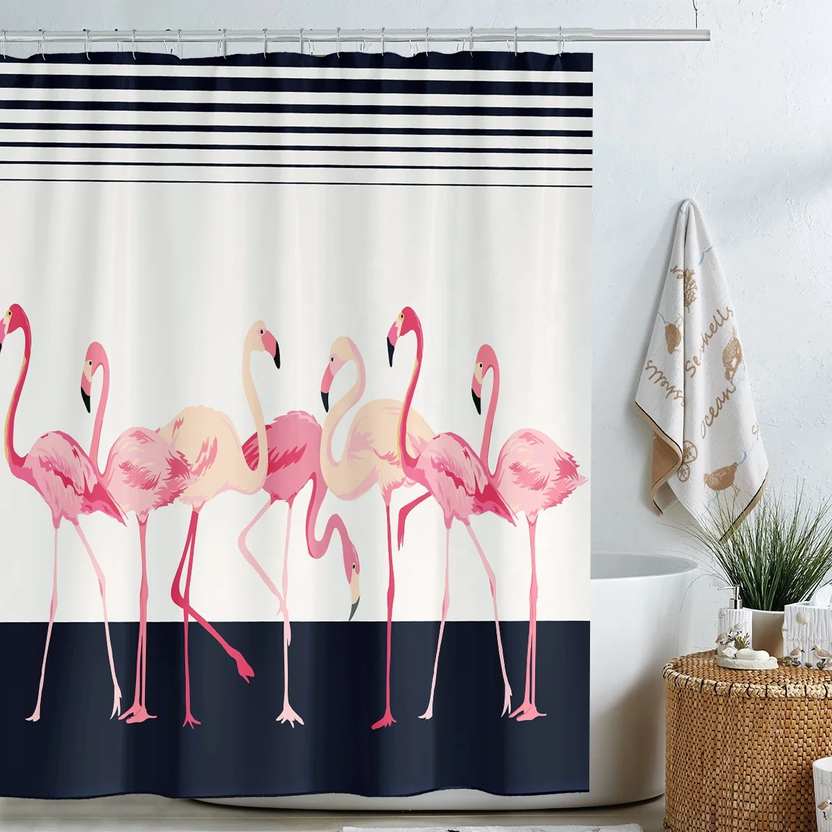 

i@home custom made polyester pink cartoon print 3d shower curtain bathroom flamingo waterproof, Picture