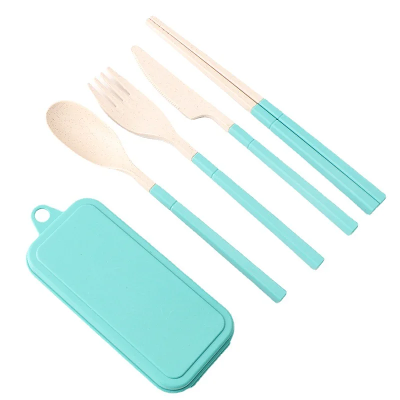 

4 pcs spoon fork knife portable chopsticks removable foldable wheat straw cutlery set with case box for travel