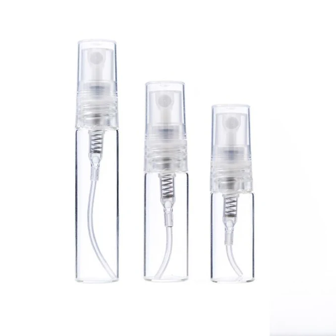 

wholesale 2ml 3ml 5ml 10ml mini portable round thin clear amber tube black sprayer empty refillable perfume glass bottles