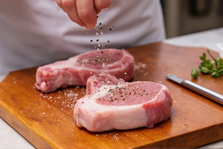 Professional chef seasoning thick-cut bone-in pork chops with coarse salt and freshly cracked black pepper on wooden cutting board