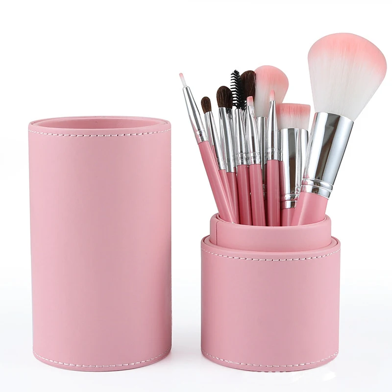 

Custom 10 Pcs Travel Soft Horsehair Cosmetic Tools Make Up Brush Set with Cup Holder, Pink, white