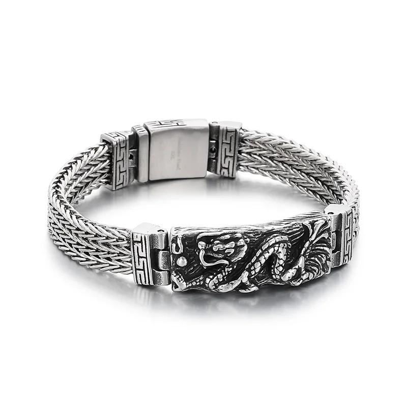 KALEN 22cm Punk Stainless Steel Bracelet Chinese Dragon Pattern Chain Men Bracelet