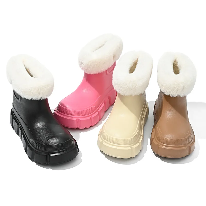 

2023 new rain boots with pile warm platform fashion step feeling short tube snow boots women's shoes soft soled booties