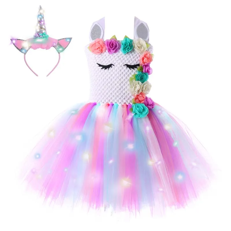 

Fashion 2022 Unicorn Costumes Party Unicorn Princess Led Light Up Girls Dresses with Headband DGLG-026