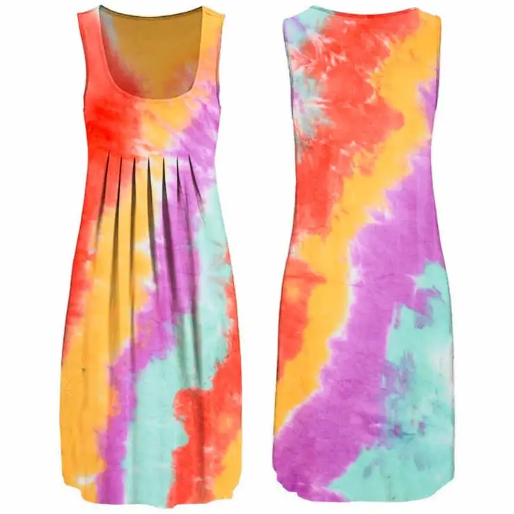 

Women Summer Trendy Causal Sleeveless Crew Neck Tie Dye Tunic Dress, As picture show, customized