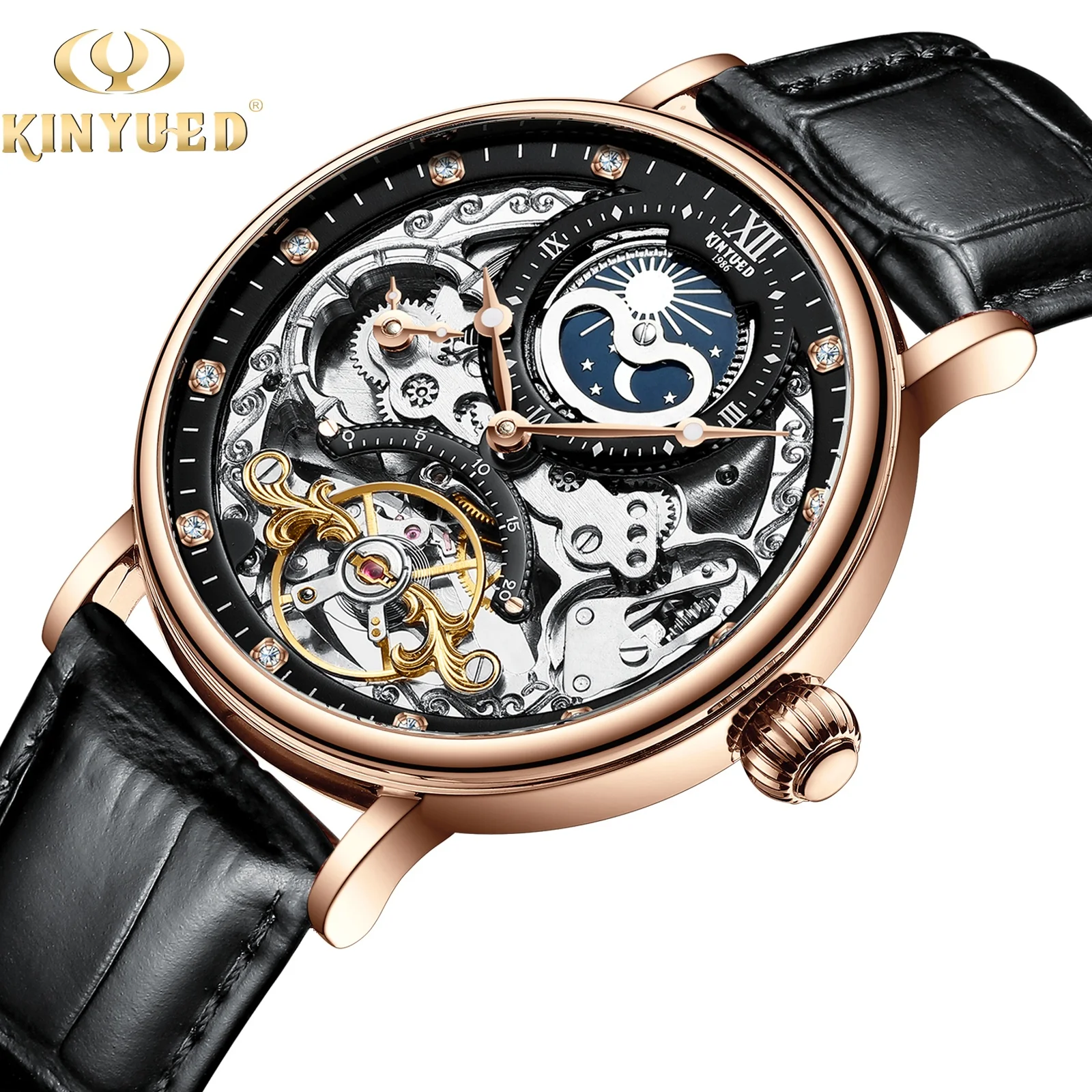 

KINYUED Private Label Watch Waterproof Automatic Watches High Quality Strap Moon Phase Skeleton relogio masculino, 3 colors