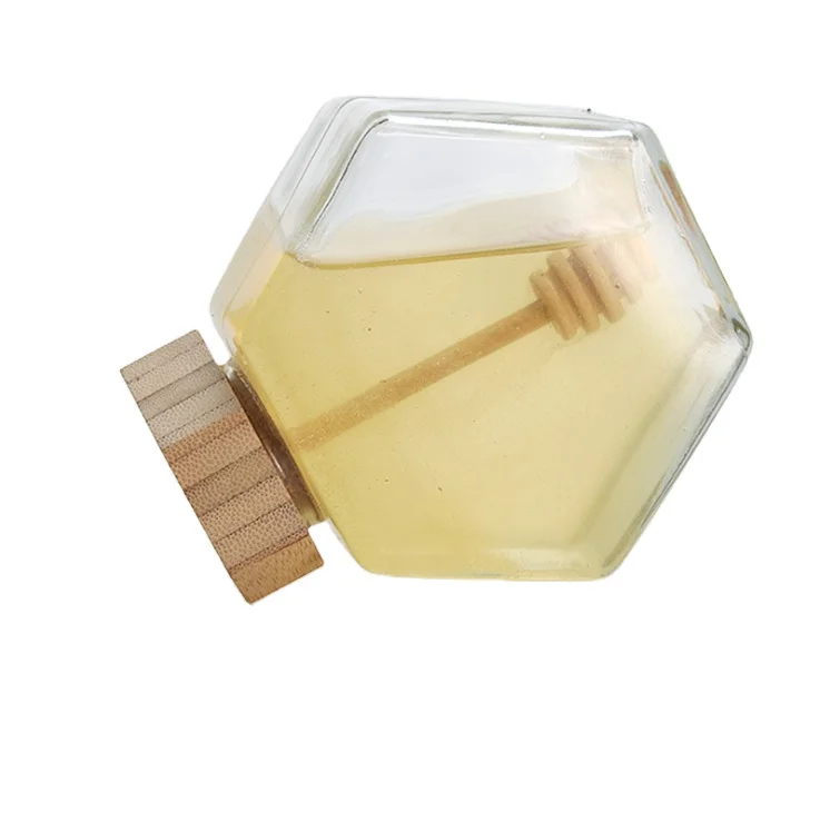 

100ml 380ml glass mini jar honey hexagonal seal designed storage container jars with wood bamboo lid, Transparent