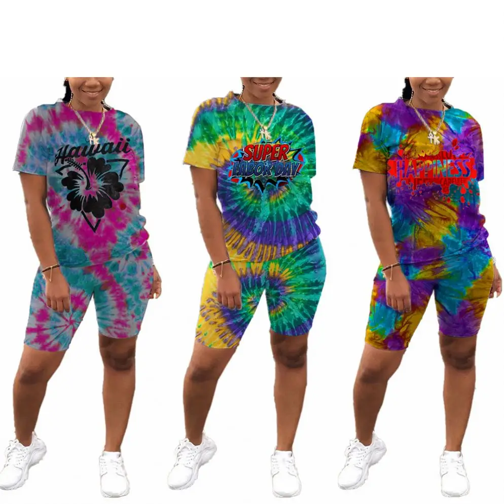 

2020 Trendy Summer Women Clothing Rainbow Tye Die Cartoon Letter Print Two Piece Outfit