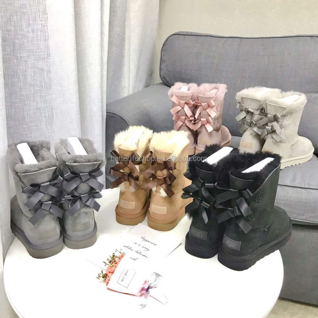 

OEM Winter Waterproof Wool Lined Fashion Bow Boots Ladies Warm Sheepskin Snow Boots with Bows for Women