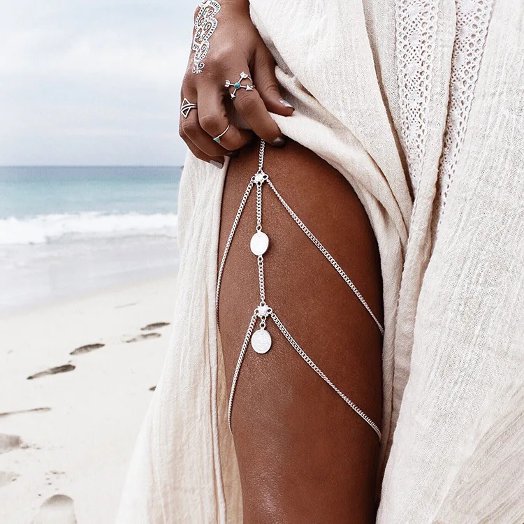 

HOVANCI Hot Sexy Leg Chains Coins Pendant Crossover Harness Waist Belt Chain gold silver leg chain design jewelry