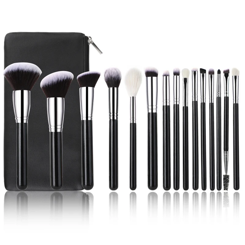 

FEIYAN Manufacturer Luxury Soft Hair Synthetic Hair High Quality Kabuki Shiny Wood Black Silver 15 pcs Makeup Brushes With Bag