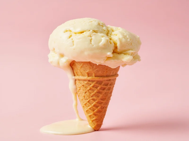 Scoop of vanilla ice cream melting slightly on cone