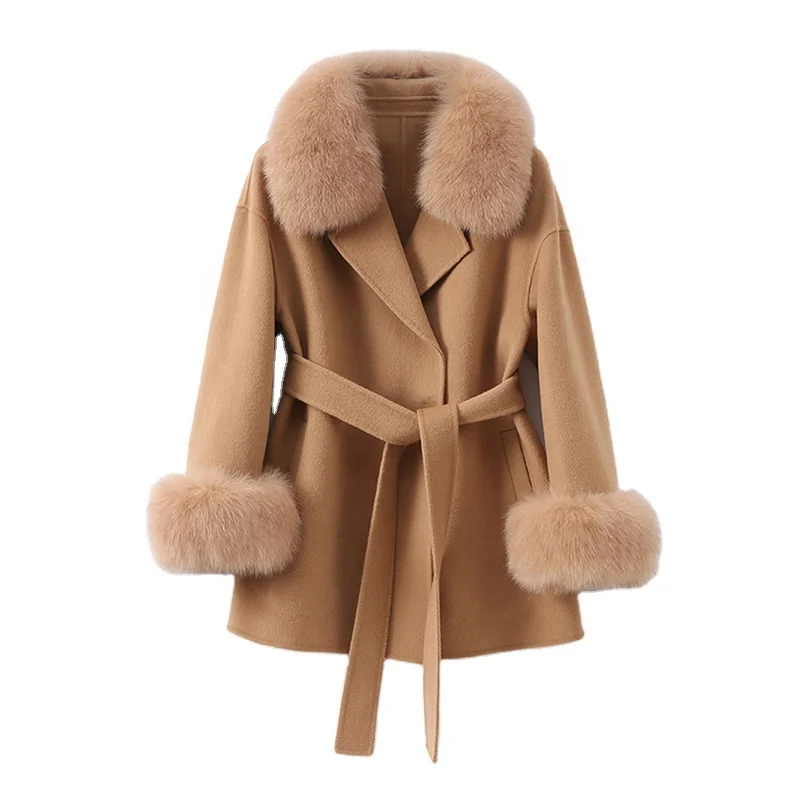 

Pudi Women Winter Real Fox Fur Coat Jacket 2021 Female Lady Over Size Wool Blends Parka Trench Cape Z21182