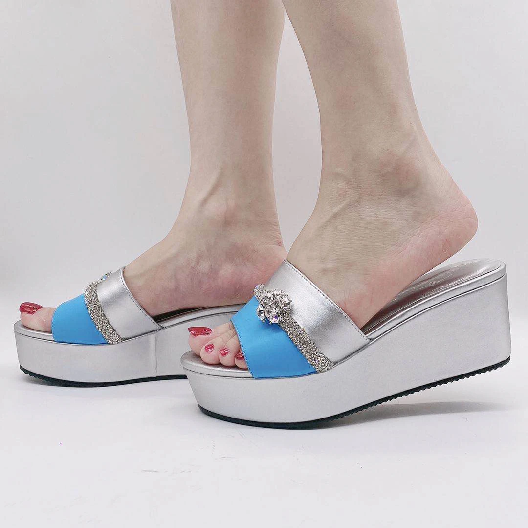 

178-3 Golden Chunky Heels for Women Summer Slides Heeled Shoes Women Wedge Heeled Slippers